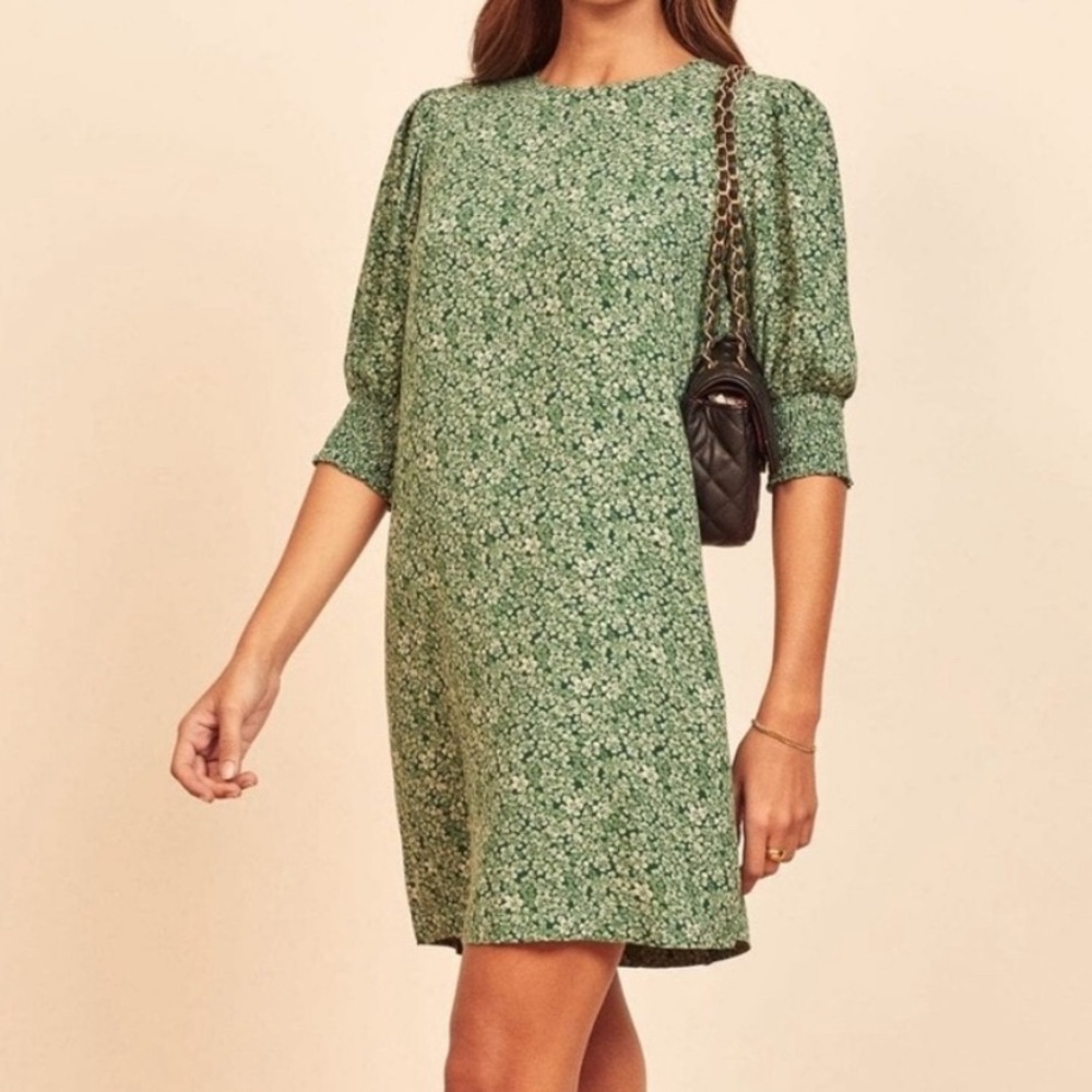 Reformation Lea Dress XS XXS Nikkita Green Floral Babydoll Puff Sleeve